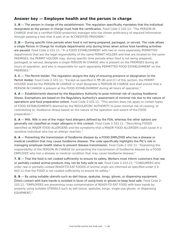 An answer key page with Food Code sections